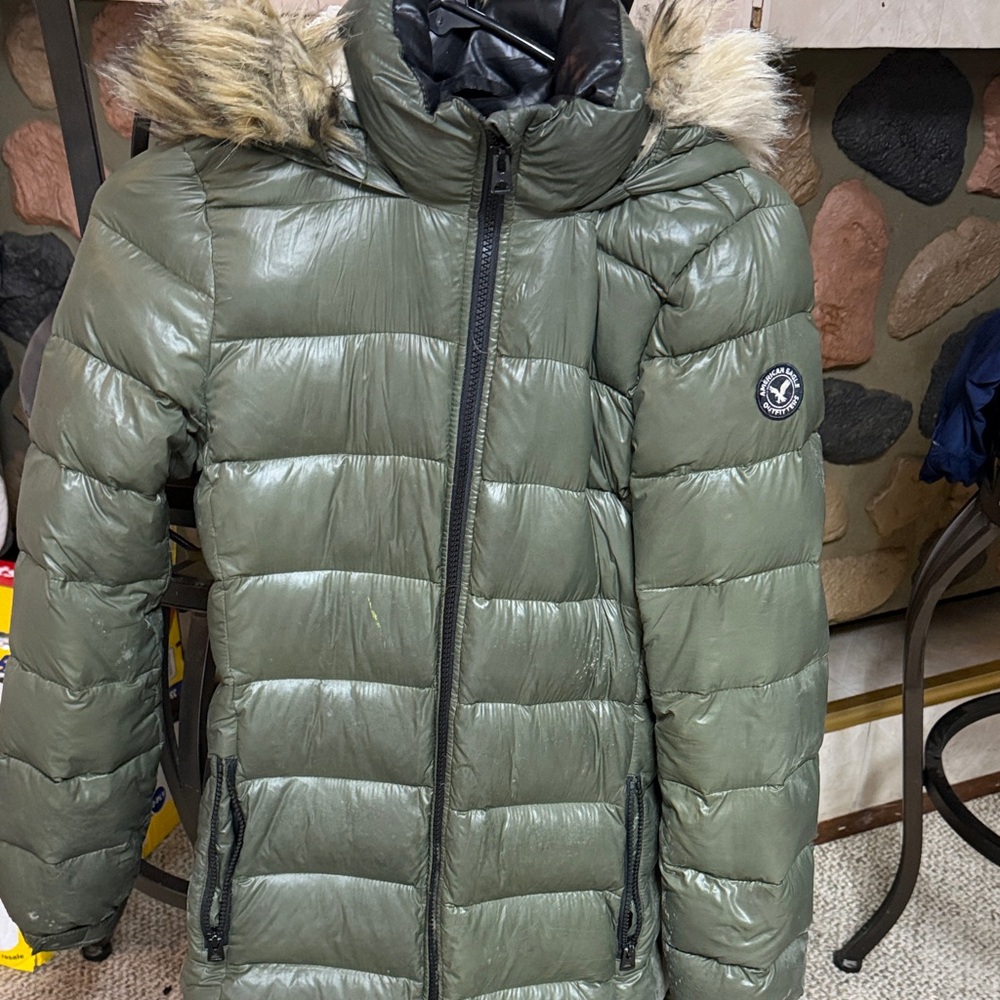 American Eagle Outfitters Olive Puffer Jacket with Fur Trim